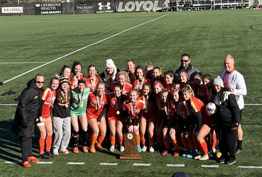 The Women’s Soccer Team with their new state trophy to add to Fallston’s collection.  Photo Courtesy of Raley Elliott 