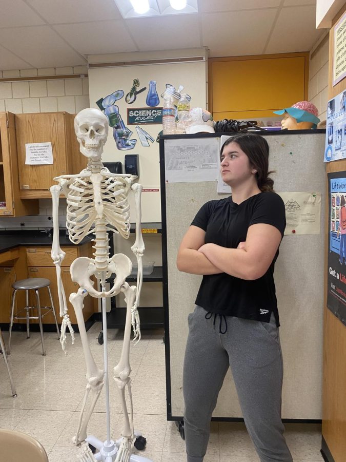 Lindsey ready to square up with the spooky skeleton over the Halloween debate.