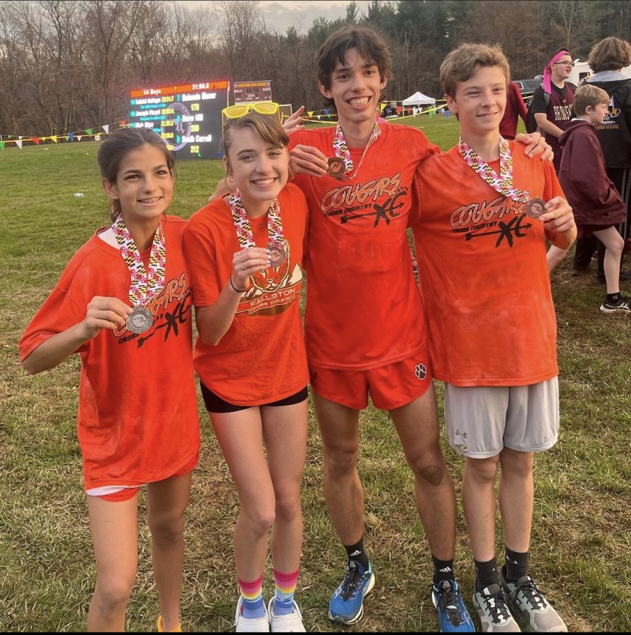 After the State Meet featured from left to right: Gabi Murphy, Emily Atha, Antonio Hernandez, and Eryk Bender celebrated the end of the season with a post-race pic. Photo courtesy of the Fallston Cross-Country team. 