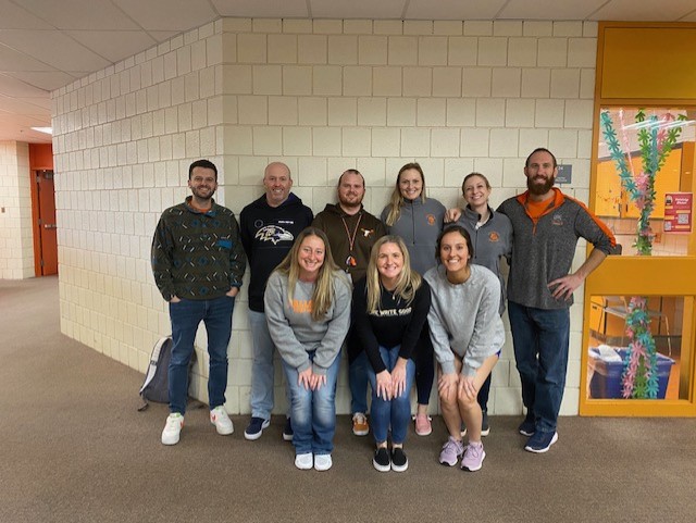 (Top Row, left to right) Mr. Capozzoli, Mr. Grant, Mr. Mull, Ms. Palko, Ms. Rizer, and Mr. Rychwalski. (Bottom Row, left to right) Ms. J. Cummings, Ms. Price, and Ms. Chatterton.
Some of the Harco-returnees all together, a bunch that really makes Fallston Home! We’re glad you chose Fallston! Photo Courtesy of Julianna Mullen. 