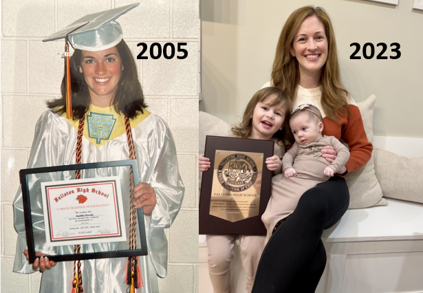 Kaitlin Doody Bowen then and now with her Fallstonian award. Photo Courtesy of Kaitlin Doody Bowen.