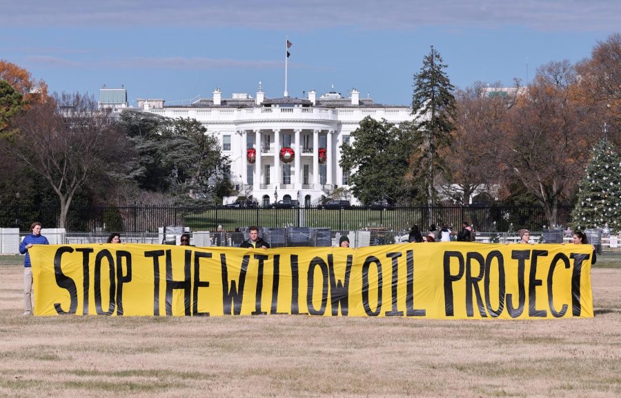 Climate activists petition in front of The White House to stop Biden from approving the Willow Project.