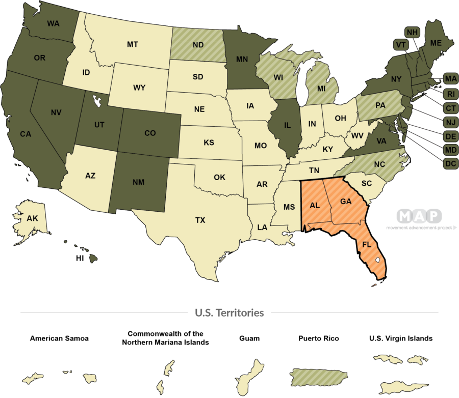 This map shows the states and territories that have bans on conversion therapy versus the states and territories that have partial or no bans. Photo courtesy of the Movement Advancement Project.