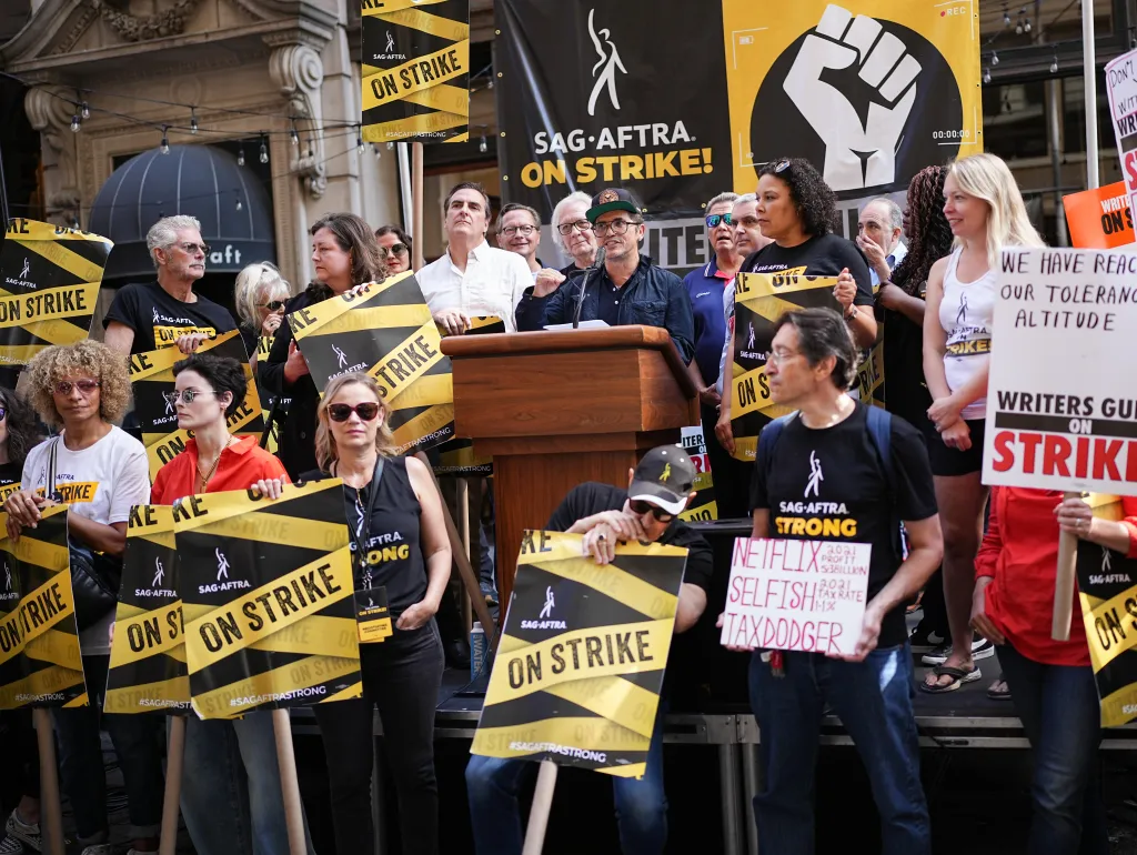 Pictured above are actors in the SAG-AFTRA union protesting in New York City this summer. Actors and other workers are seen gathered holding signs labeled “ON STRIKE.” (Photo courtesy of John Nacion/ Getty Images.) 
