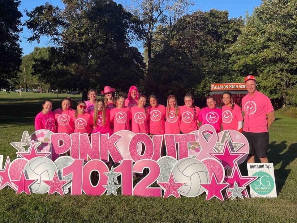 Fallstons JV womens Volleyball team stands proudly for Breast Cancer Awareness. (Photo Courtesy of the Fallston Womens Volleyball Facebook page)