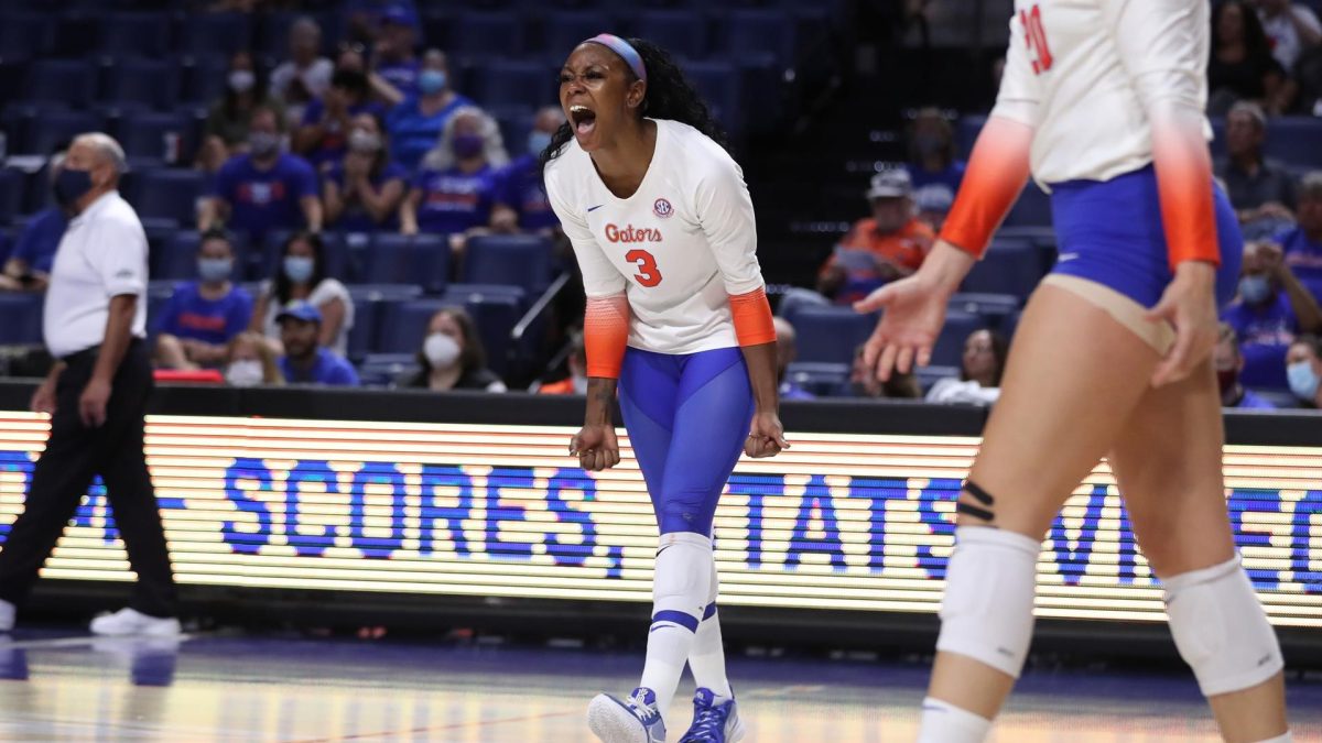 Florida Gators’ T’ara Caesar wearing bright blue leggings shortly after the rule change allowing players to wear leggings as long as all the players match bottom colors. (Photo courtesy of Florida Gators)