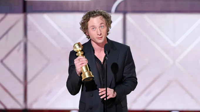 Jeremy Allen White during his acceptance speech for winning the Golden Globe for Best Performance by an Actor in a Musical or Comedy Television Series. (Photo courtesy of Rich Polk/Golden Globes 2024/Getty Images) 