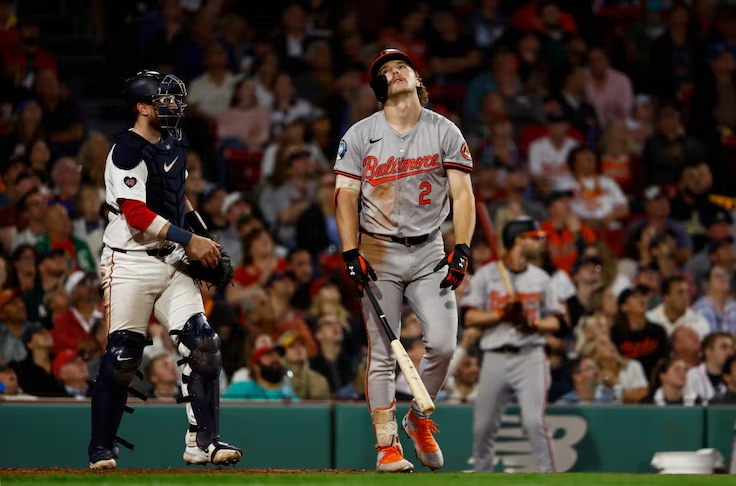 Orioles star Gunnar Henderson reacts to flying out against AL East rival the Boston Red Sox in the midst of a hitting slump. (Photo Courtesy of Winslow Townson/Getty Images).