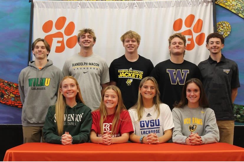 We are so proud of our nine seniors who have committed to college athletics. Top row, pictured from left to right: Collin Businsky, Ian Swartzendruber, Owen King, Hunter Sowold, and Jaden Riley. Bottom row pictured from left to right: Ella Litz, Sarah Farally, Sydney Grafton, and Natalie Wirth. If you’ve been signed and are interested in participating in Spring Signing Day, keep an eye out for an email from Ms. Jackie Cummings. (Photo courtesy of @fallstonhs on Instagram)