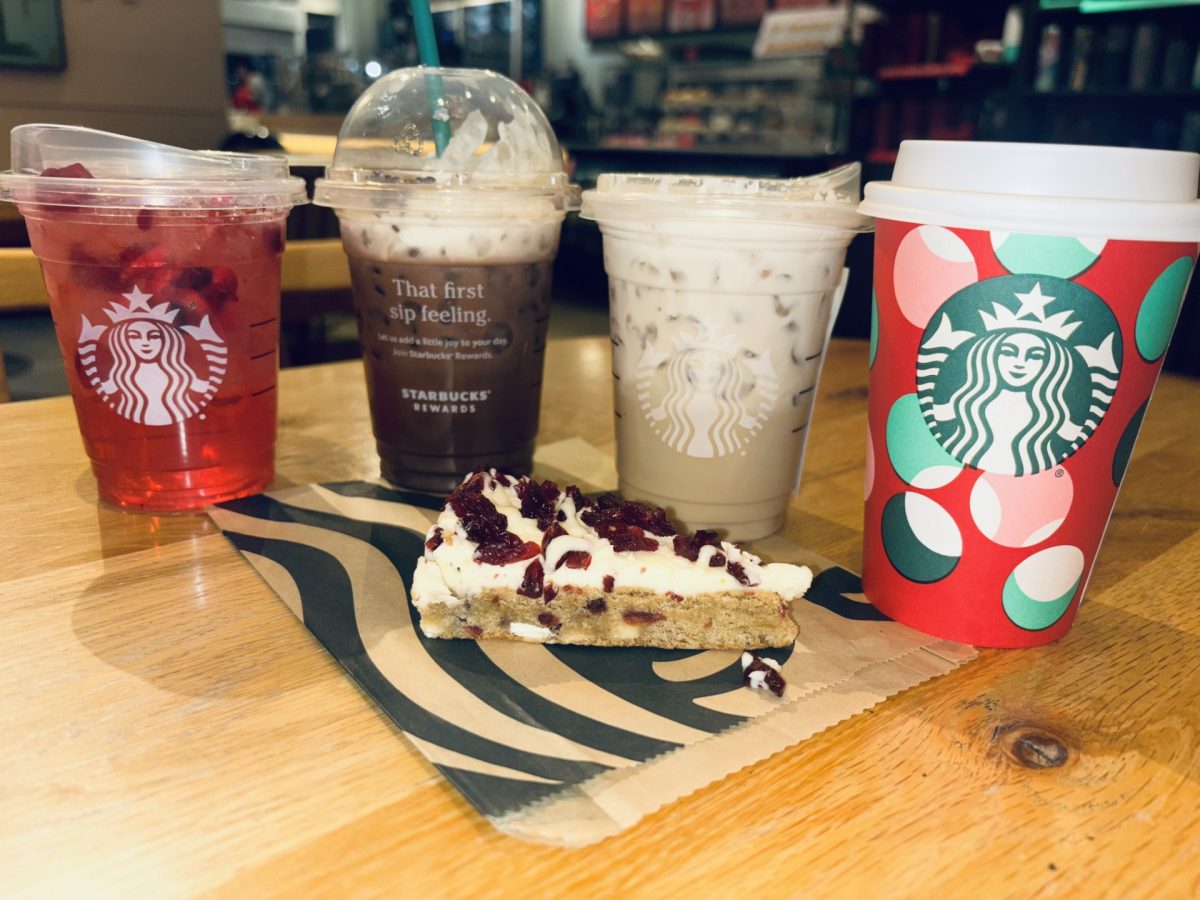 Featured from left to right: Cran-Merry Refresher, Iced Peppermint Mocha, Bliss Bar, Iced Gingerbread Oat Milk Latte, and the Chestnut Praline Latte. These new menu items bring fun, festive, and fresh tastes to the annual winter menu. (Photo Courtesy of Madi Hoyer)