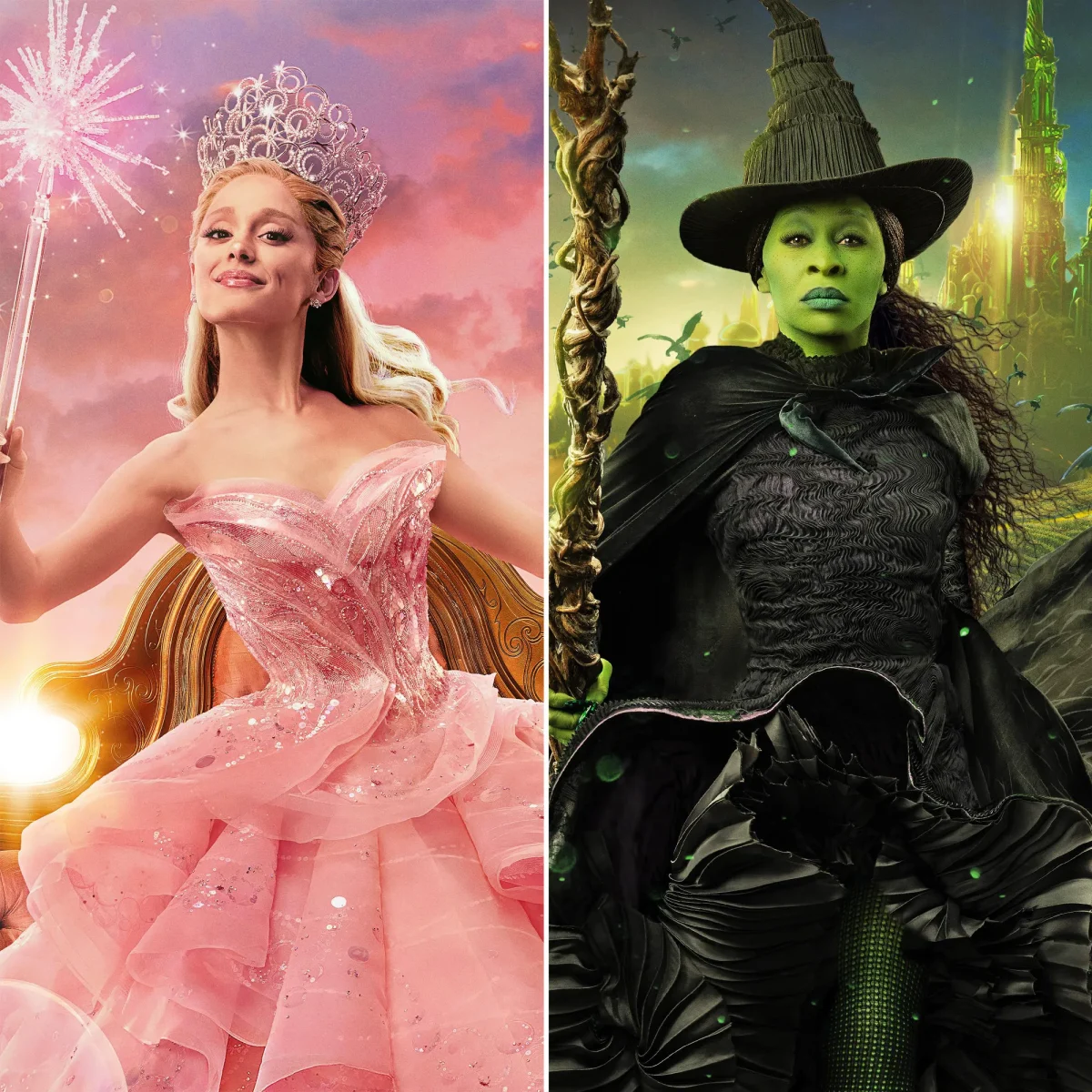 Ariana Grande and Cynthia Erivo took a total of four hours to get into full glam for their roles as Glinda and Elphaba in Wicked. Photo Courtesy of Universal Pictures.