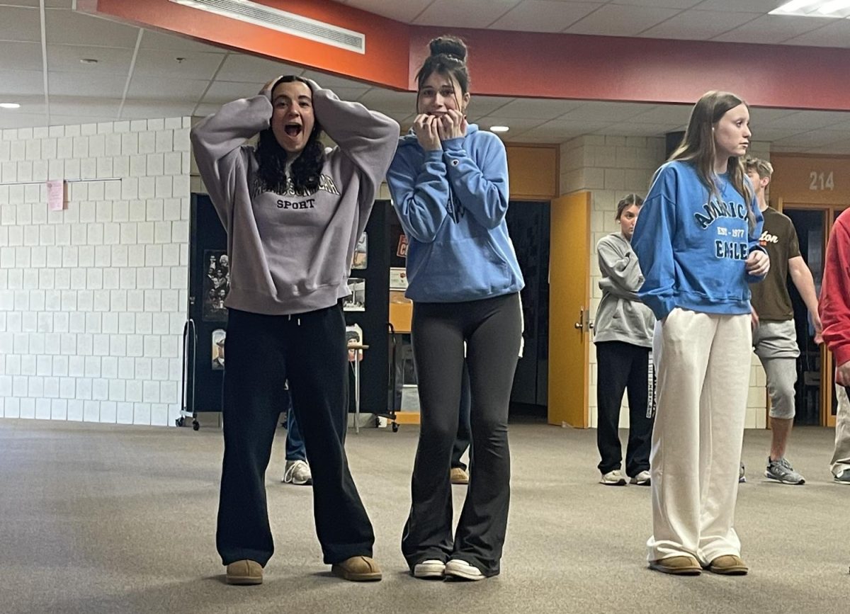 Ashley Myers (left) and Kasey Conlon (right) stressing about remembering their dance at the beginning of their practice. Photo Courtesy of Ashley Myers.