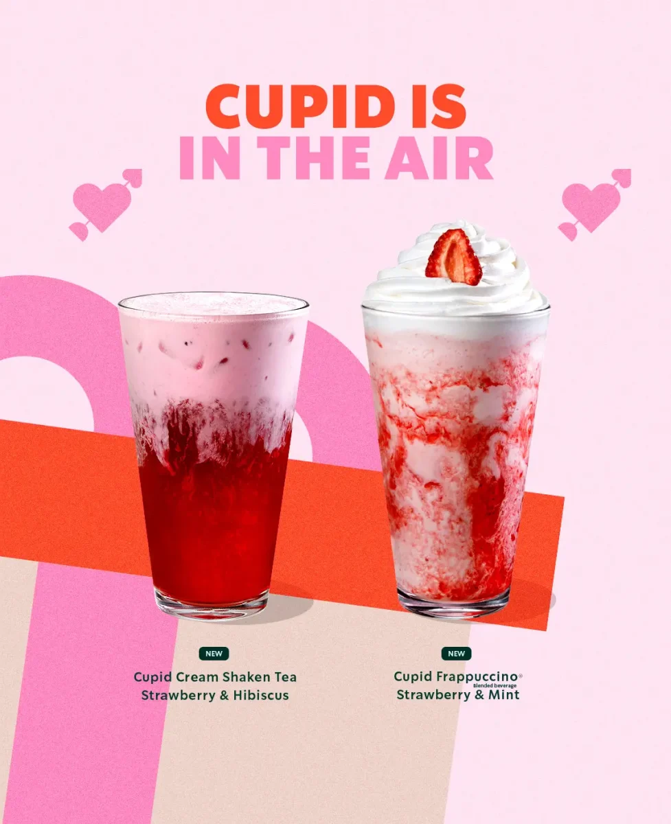 Some of Starbucks' new fun and festive Valentine’s Day drinks Cupid Strawberry Mint Frappuccino and the Cupid Cream Shaken Tea Strawberry and Hibiscus. Photo Courtesy of Starbucks.   