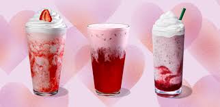 Some of Starbucks' new fun and festive Valentine’s Day drinks featured from left to right: Cupid Strawberry Mint Frappuccino, Cupid Cream Shaken Tea Strawberry and Hibiscus, and the Chocolate-Covered Strawberry Crème Frappuccino. Photo Courtesy of Starbucks.   