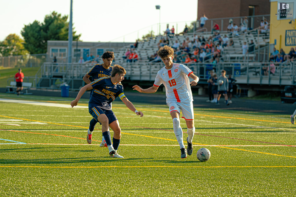 Sophomore Ethan Clarke dribbles by a Perryville defender during Fallston’s win over Perryville 4-2 on Tuesday, September 9th. Photo Courtesy of Hunter Martin