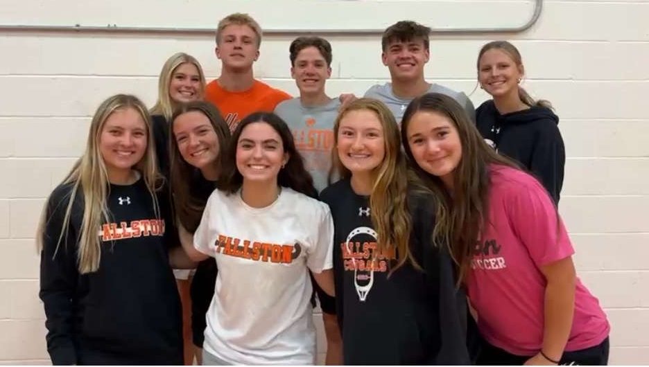 This year's 2025-2026 Pep Squad. From left to right: Ruby Reddel, Cooper Savelle, Josh Atha, Caleb Canatella, Campbell Foxx (Top Row), Alex Croucher, Alexa Wilson, Kendall Haun, Olivia Parker, Myra Whitley (Bottom Row). Photo Courtesy of Roxanne Ryan