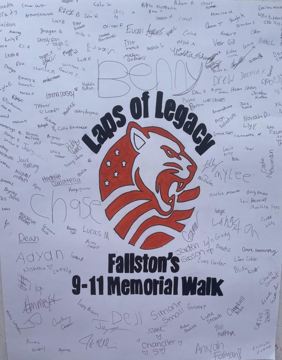 Each person who participated in the walk signed a poster at the end. The poster is now hanging in our trophy case located right outside the gymnasium for all to see. Photo courtesy of Mrs. Ryan. 