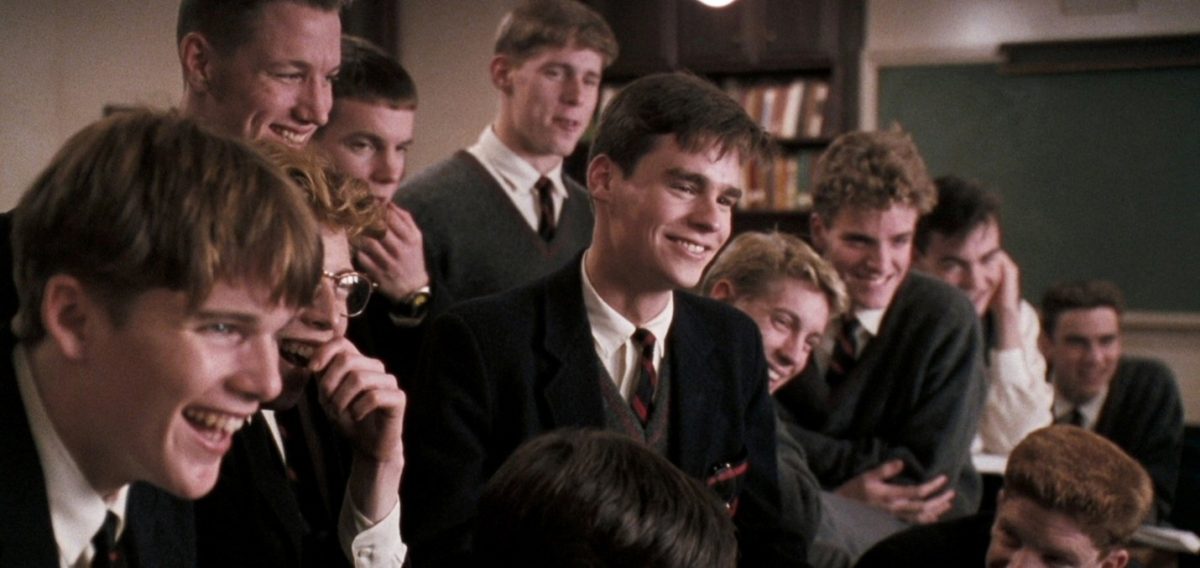A Welton Academy class stares in wonder at their out-of-the-box teacher, as he shows off his unconventional teaching methods in Dead Poets Society (1989). Photo Courtesy of Christianity Today.