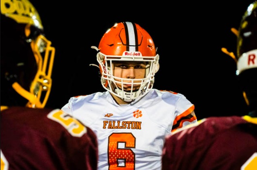 Senior Linebacker, Finn Rebasti, looks on toward Hereford’s captains prior to Fallston Footballs loss to the Bulls in the second round of the playoffs. Photo Courtesy of Joseph Mullen.