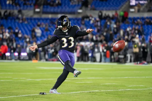 Ravens Kicker, Tyler Loop, with his season ending shank, leaving fans distraught. Photo Courtesy of Yahoo Sports.