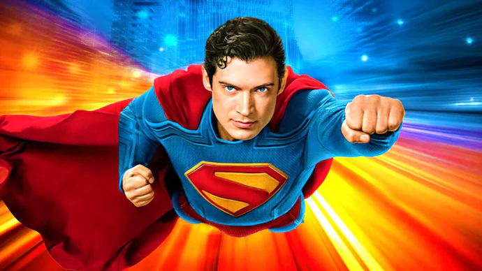 David Corenswet, who plays Superman in the 2025 movie, poses for a movie poster with the iconic Superman flying stance and his cape blowing in the wind. Photo Courtesy of IMDb. 