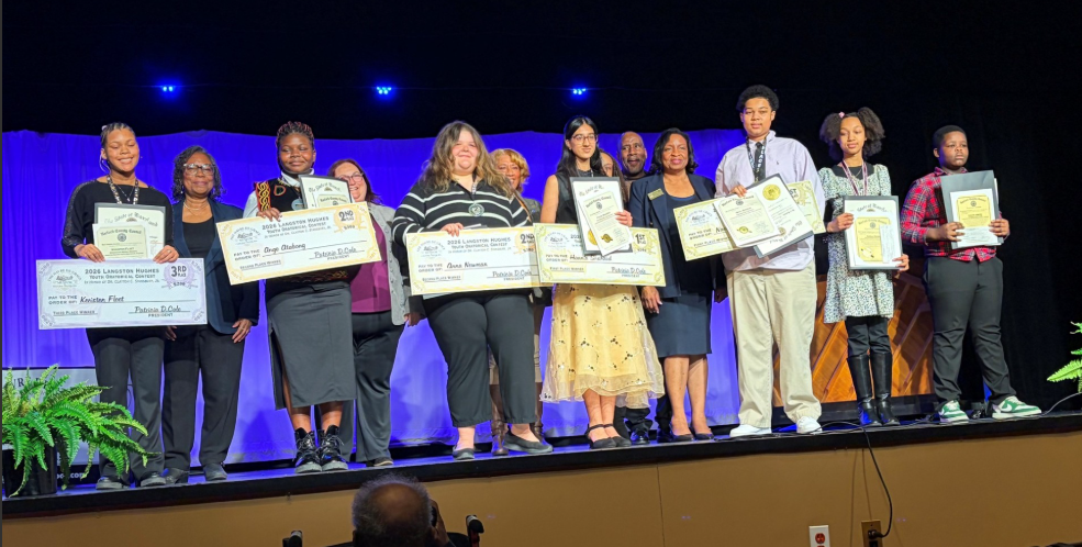 Student winners display their certificates and scholarship checks during the 2026 Langston Hughes Oratorical Contest. Photo Courtesy: Harford County Public Schools 