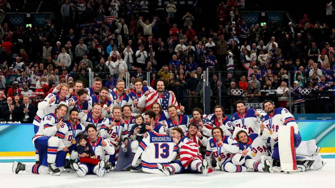 Team USA gathers on the ice for a historic team photo after winning Olympic gold, ending a decades-long wait for the top of the podium finish. Photo Courtesy of NHL.com.