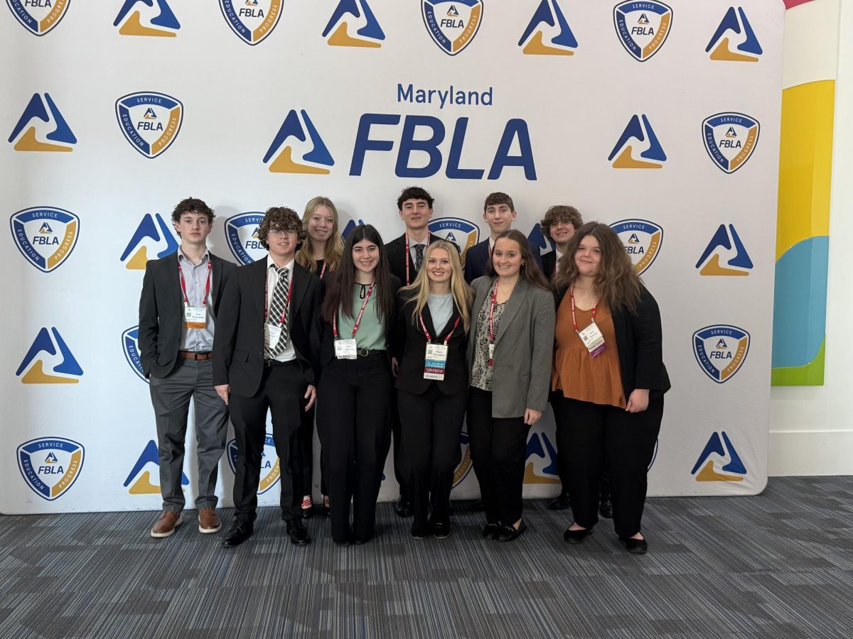The Fallston FBLA students are pictured together as they get ready to compete in the Conference. Pictured Left to Right: Noah Mclaughlin, Brynn Seymour, Grant Hearron, Tyler Mangold, and Liam Delaney (Back Row), Logan Weiss, Piper Barrett, Regan Mclaughlin, Chelsea Killough, and Anna Newman (Front Row). Photo Courtesy of Jason Bellamy.